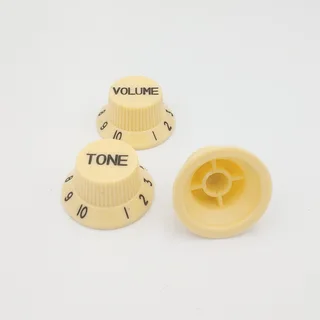 Ivory with Black Writing Strat style replacement knob set – 1 Volume, 2 tone