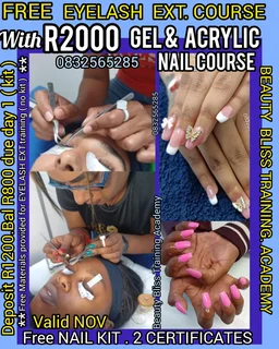 FREE EYELASH EXT. COURSE with R2000 GEL AND ACRYLIC NAIL COURSE.KIT.CERTIFICATES