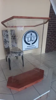 Custom Designed Half Dec (5-sided) Podium With A Wooden Base And Acrylic Top Edged In Wood