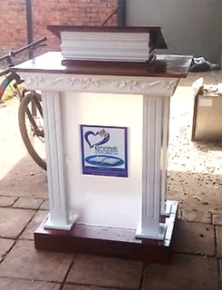 White Wooden Custom Designed Pulpit With 4 Pillars And An Acrylic Front