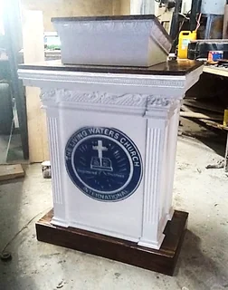 A White Custom Wooden Pulpit With 4 Pillars All Closed
