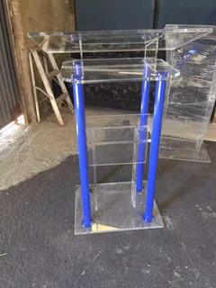 Custom Designed 4 Leg Podium With Purple Tubes And Thick Acrylic Top