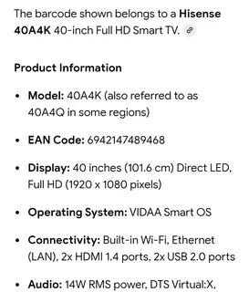 Hisense 40A4k-40-inch full HD smart vidaa tv  for sale