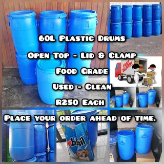 60L Plastic Drums - Lid & Clamp