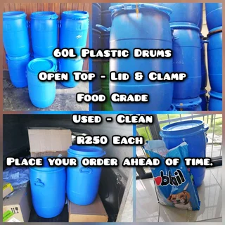 60L Plastic Drums - Lid & Clamp