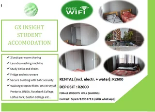 Pretoria Sunnyside Student Accomodation free Wifi Available!