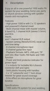 PA 1000 Watts 2 x 12 speakers