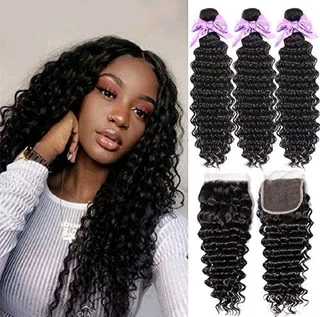 12inch Peruvian Hair 3 Bundles plus 4x4 3 way closure curly . 12A