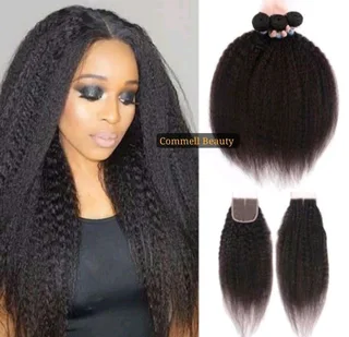 14inch Kinky Straight Peruvian Hair bundles plus 4x4 closure. 12A