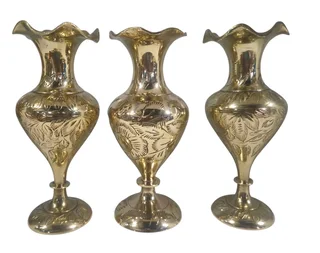 Mid - Century Engraved Brass Pedestal Vases