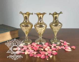 Mid - Century Engraved Brass Pedestal Vases