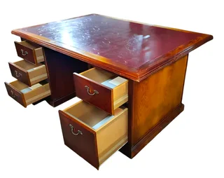 Executive Pedestal Desk with Red Leather Inlay