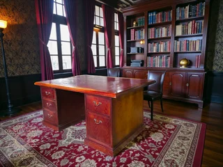 Executive Pedestal Desk with Red Leather Inlay
