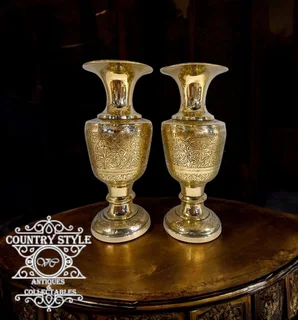 Pair of Vintage Hand-Engraved Solid Brass Pedestal Vases