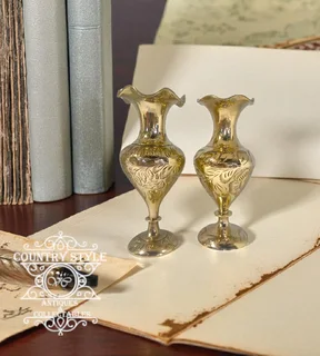 Vintage Engraved Brass Pedestal Vases
