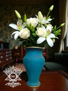 Teal/Blue Ceramic Vase with Gold Trim