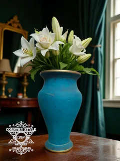 Teal/Blue Ceramic Vase with Gold Trim