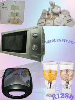 Microwave, Sandwich toaster, Cereal dispenser, Chopper Set + 3 Tier Cake stand