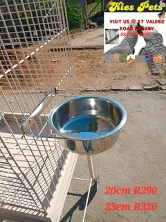 Large stainless steel pet cage feeding bowls on clamps