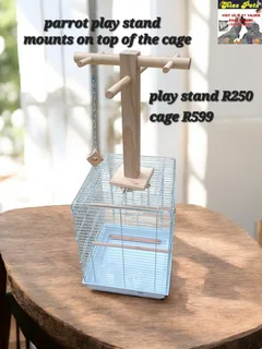 Parrot play stand mounted on top of the cage