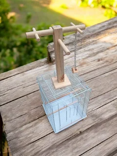 Parrot play stand mounted on top of the cage
