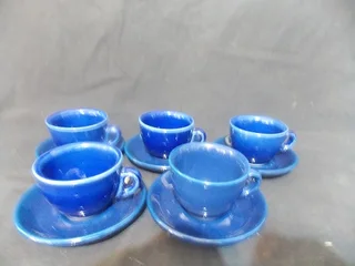 Set of Five Blue Espresso Cups and Saucers