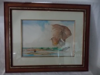Original Framed Water Color Elephant Bull by Lad Kalondo