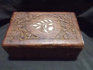 Carved Wooden Jewelry Box with Bone In-lay