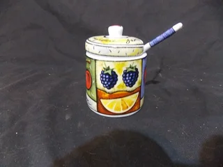 Beautiful Porcelain Jam Pot and Spoon