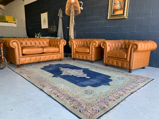 Newly Manufactured 3pc Genuine Leather Chesterfield Lounge Suite. (wild Horse Toffee Tan Brown)