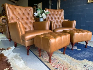 2 X Occasional Genuine Leather Designer Wingback Armchiars Plus 2 X Footstool Ottomans.  r13500 Each