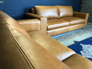 (ON PROMOTION) Brand new 2pc genuine leather CHOBE lounge suite. (2 x 2.2m LARGE THREE SEATER SOFAS)