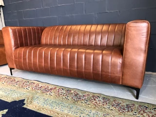 Newly Manufactured 2.2m Retro Channel Stitched Genuine Leather Three Seater Sofa. (100% Full Grain)