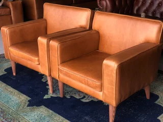 Brand new gameskin genuine leather  MID-CENTURY armchairs. (A modern streamline design) R6500 each .