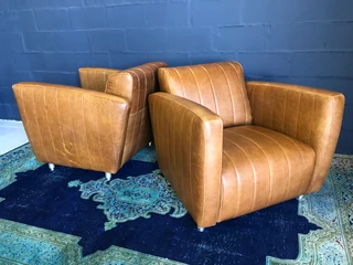 2 X Newly Manufactured Genuine Leather Modern Mid Century Designer Armchairs, Brand New R8995 Each