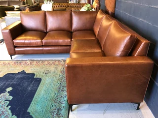 Brand new 2.5m x 2.5m gameskin genuine leather L-shape corner lounge suite, A MODERN SLIMLINE DESIGN