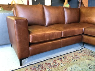 Brand new 2.5m x 2.5m gameskin genuine leather L-shape corner lounge suite, A MODERN SLIMLINE DESIGN