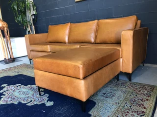 Brand New 2.3m Slimline Design Genuine Leather Three Seater Couch &#43; Modular Storage Ottoman.