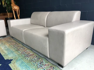 Immaculate 2pc MARCONI STYLE genuine leather lounge suite. (2 x 2.3m  THREE SEATERS) Shiduli grey.