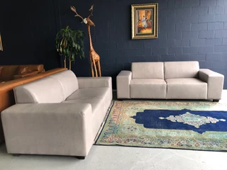 Immaculate 2pc MARCONI STYLE genuine leather lounge suite. (2 x 2.3m  THREE SEATERS) Shiduli grey.