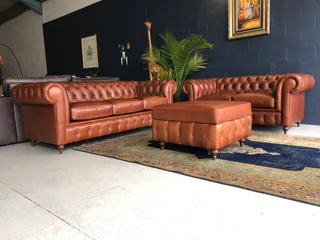 Brand New 3pc Genuine Leather Chesterfield Lounge Suite. (3 &amp; 2 Seater Plus 1 X Storage Ottoman)