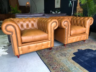 Brand new 3pc genuine leather CHESTERFIELD lounge suite (2 x LARGE ARMCHAIRS plus 1 x THREE SEATER)
