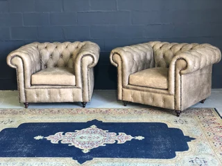 2 X Zambezi Genuine Leather Single Seater Chesterfield Armchairs. (exotic Grain Leather All-round)