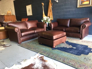 Brand New 2pc Carosil Design Genuine Leather Lounge Suite + Modular Ottoman (naku Oxblood Brown)