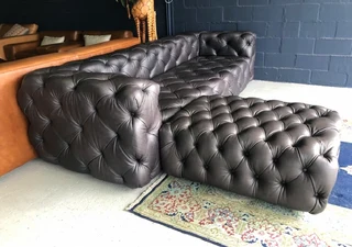 A Massive 2.8m Genuine Leather Cuban Style Chesterfield Five Seater Sofa Plus Modular Daybed Ottoman