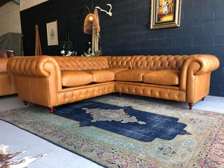 Magnificent (2.6m X 2.6m) Full Gameskin Genuine Leather Chesterfield L-shape Corner Lounge Suite.