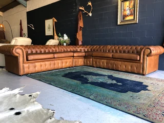 Magnificent & Massive (3.2m X 3.2m) Gameskin Genuine Leather Chesterfield Corner Lounge Suite.