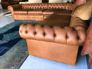 Magnificent &amp; massive (3.2m x 3.2m) gameskin genuine leather CHESTERFIELD corner lounge suite.