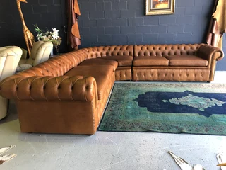 Magnificent &amp; massive (3.2m x 3.2m) gameskin genuine leather CHESTERFIELD corner lounge suite.