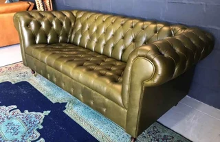 Brand New 2.2m Gameskin Genuine Leather English Chesterfield Three Seater Couch. (olive Green)
